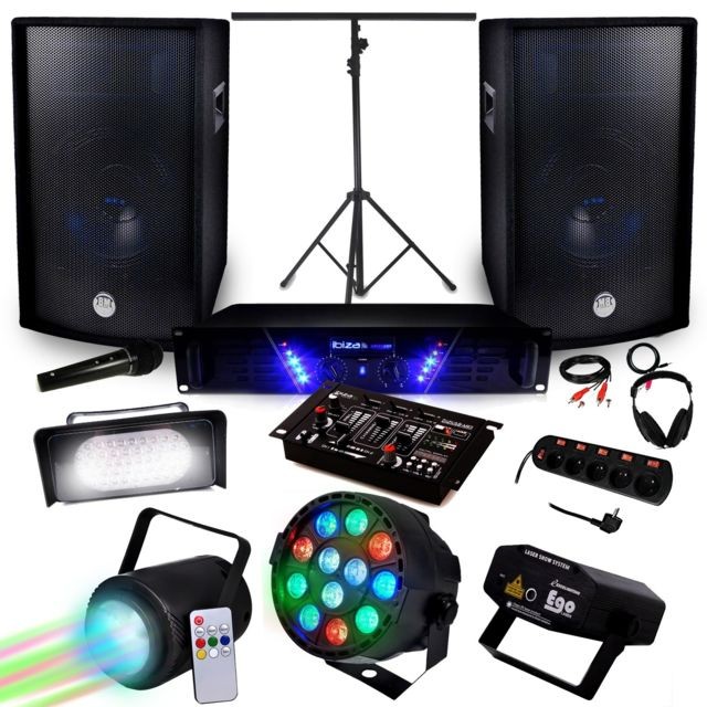 Ibiza Sound - Pack Sono + Light Ampli AMP-300 + HP BMS-12 de 2x600W + Pack 4 lumières Ibiza Sound   - Sonorisation Ibiza Sound