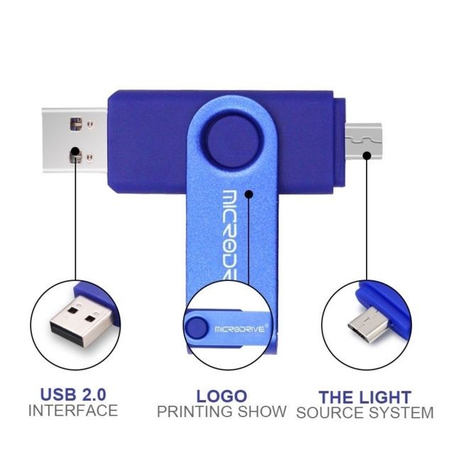 Clés USB Clé USB MicroDrive 16 Go USB 2.0 pour téléphone et ordinateur Double disque rotatif OTG Metal U Bleu