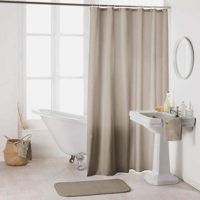 Douceur D'Interieur - Rideau de douche en polyester uni avec crochets - L 200 x l 180 cm - Taupe - Rideaux douche Douceur D'Interieur
