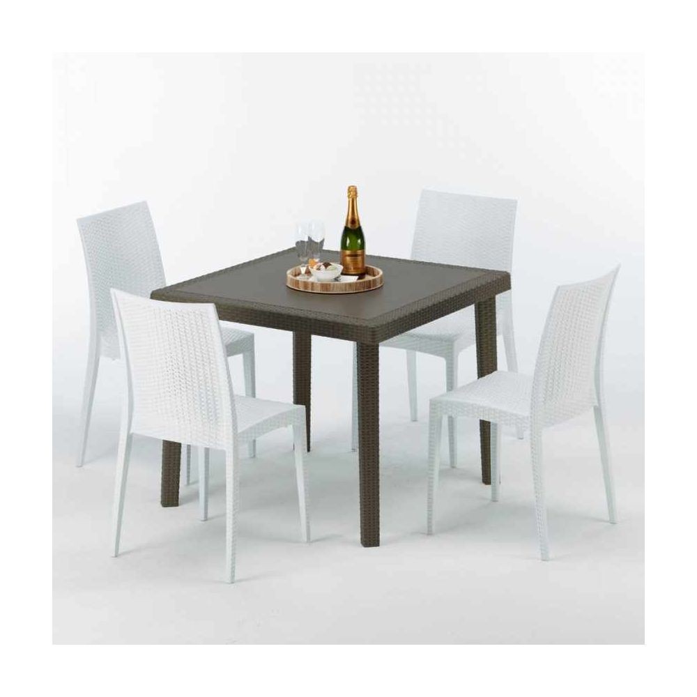 Grand Soleil Table carrée et 4 chaises colorées Poly-rotin résine 90x90 marron, Chaises Modèle: Bistrot Blanc