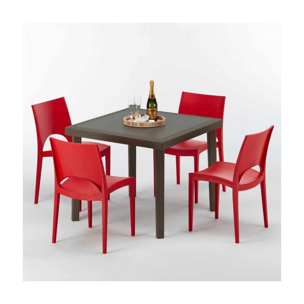 Grand Soleil Table carrée et 4 chaises colorées Poly-rotin résine 90x90 marron, Chaises Modèle: Paris rouge