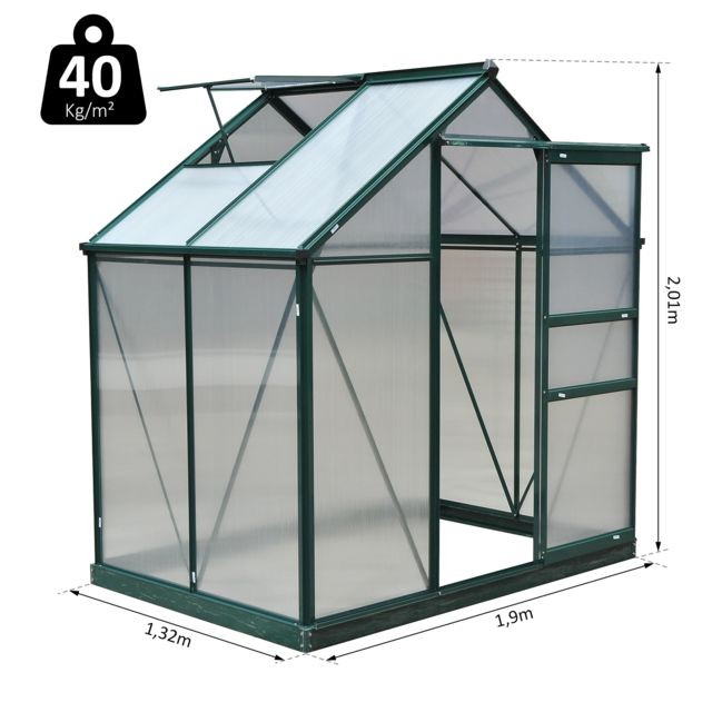 Outsunny Serre de jardin aluminium polycarbonate 2,51 m² dim. 1,9L x 1,32l x 2,01H m lucarne, porte coulissante + fondation incluse alu. vert polycarbonate transparent