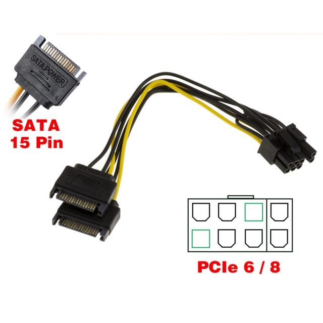 Kalea-Informatique - Cordon Adaptateur PCIe 6 8 vers 2x SATA 15 points Fiche PCIe des cartes graphiques Fiche PCIe des cartes graphiques - Câble Intégration