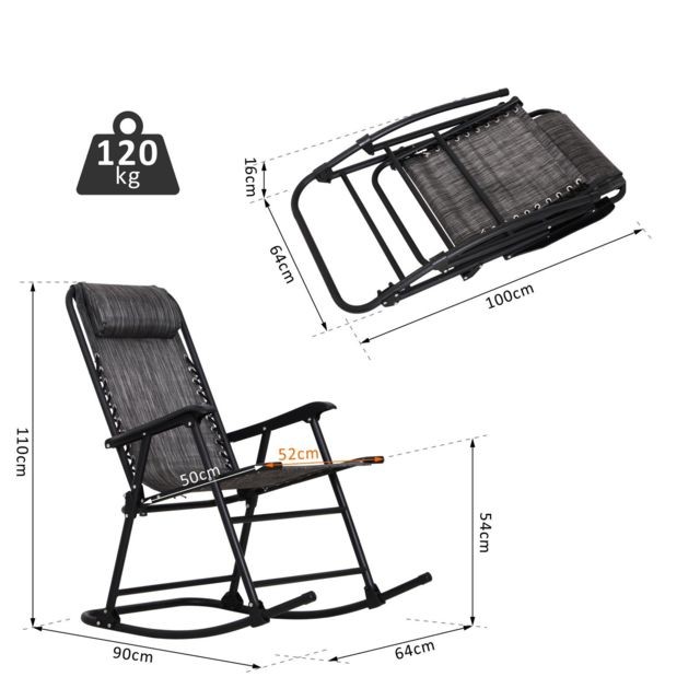 Outsunny Fauteuil à bascule rocking chair pliable de jardin dim. 52L x 50l x 110H cm acier époxy textilène gris chiné