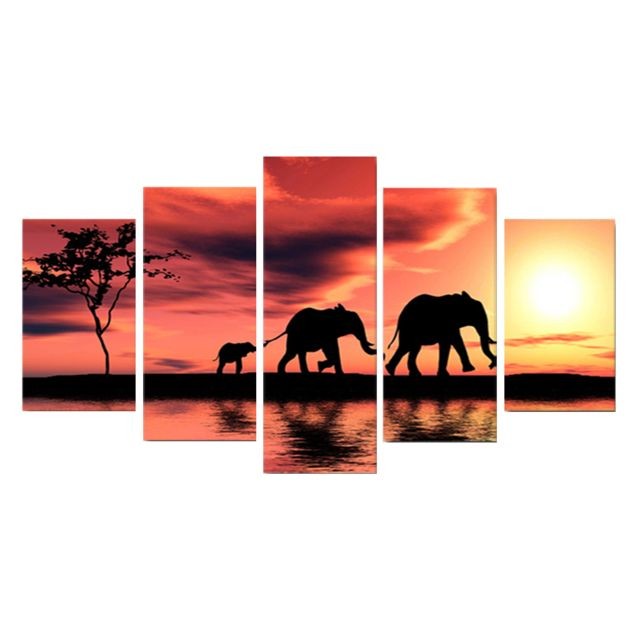 marque generique - 5 panneaux HD peinture abstraite moderne 3 éléphants - Affiches, posters marque generique