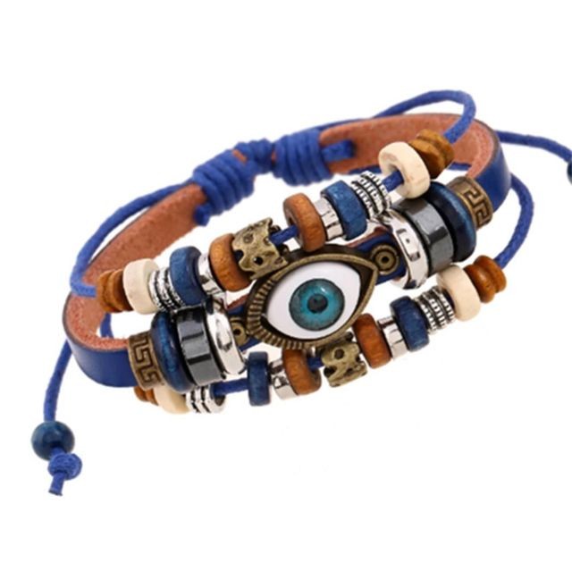 marque generique - YP Select 3 Layered Fashion Charm Bracelet réglable en faux cuir en bois avec oeil bleu marque generique  - Bracelet connecté