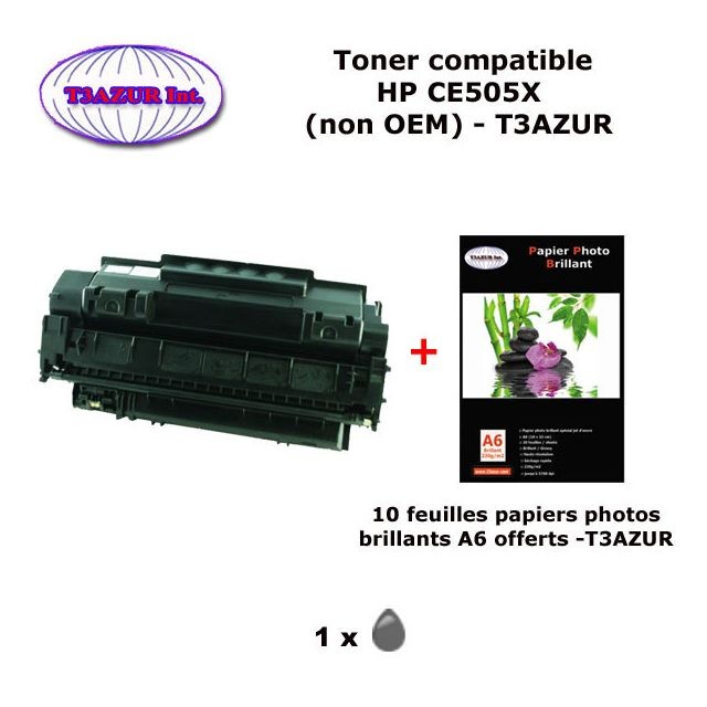 Toner T3Azur Toner générique HP CE505X ,HP 05X pour HP LaserJet P2030 P2035 P2050 P2055 +10f papiers photos A6 -T3AZUR