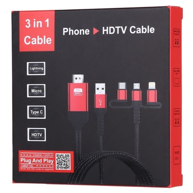Câble HDMI Cable 3 en 1 micro USB + câble HDTV HDMI / USB-C / Type-C + Lightning 8 broches vers HDMI (rouge)