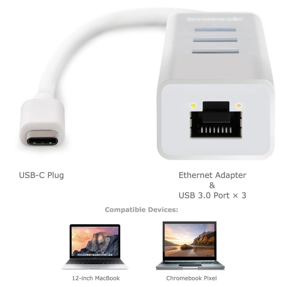 Cabling CABLING 3-Port Hub USB 3.1 Type C avec Adaptateur Gigabit Ethernet, Hub USB-C vers USB pour New MacBook 12 pouces, Noki