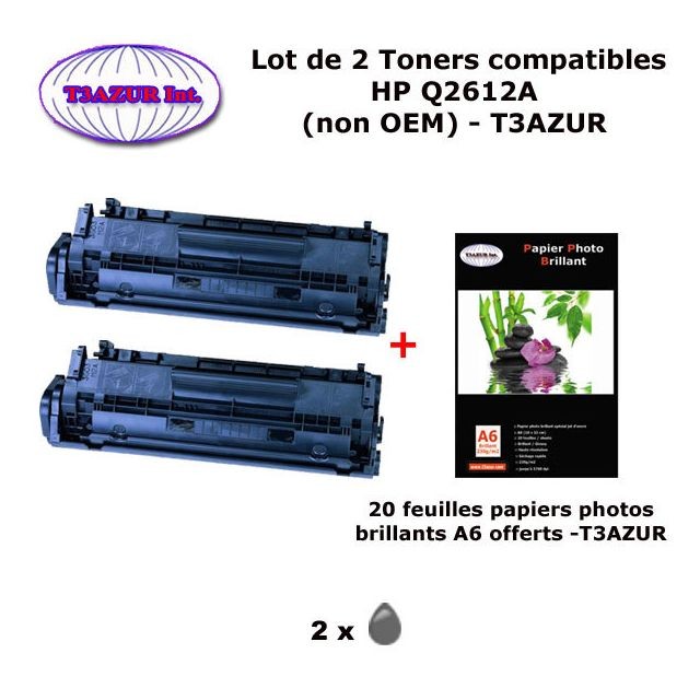 T3Azur - 2 Toners génériques HP Q2612A pour imprimante HP LaserJet 3015 3020 3030 3050 3052 3055 +20f A6 brillantes -T3AZUR T3Azur  - Hp laserjet 3015