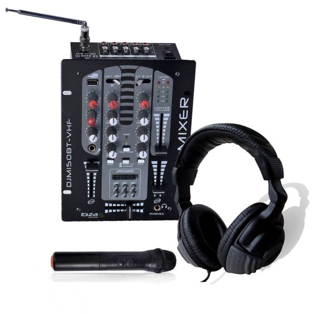 Ibiza Sound - Casque DJ + Table de mixage 2 voies / 5 Canaux Micro VHF USB/BLUETOOTH - Ibiza Sound DJM150BT-VHF - Tables de mixage