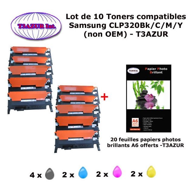 T3Azur - 10 Toners génériques CLP-320 Bk,C,M,Y pour Samsung CLP 320 320N 325 325W imprimante+ 20f A6 brillantes -T3AZUR T3Azur  - Cartouche, Toner et Papier