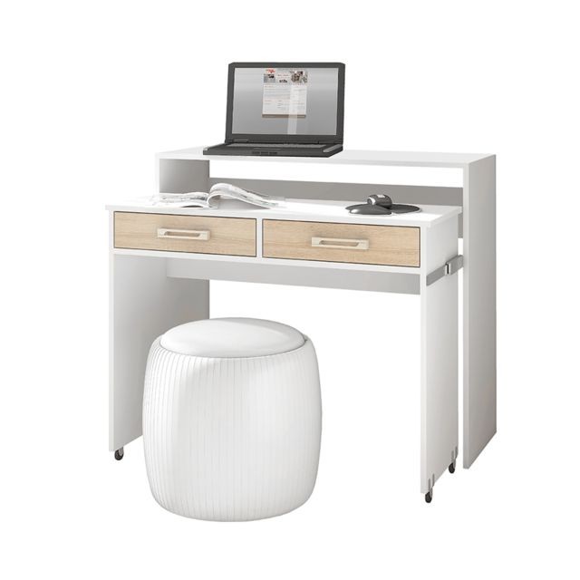 Selsey Bureau coiffeuse / Bureau extensible - COCO - 100 cm - blanc mat / effet chêne - extensible - 2 tiroirs pratiques