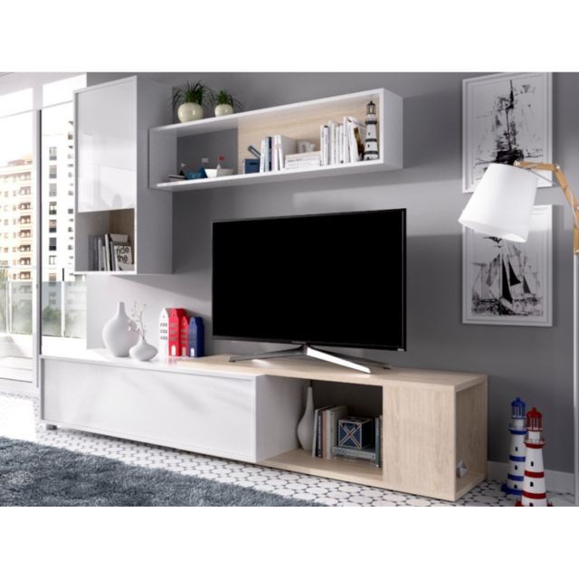 Meubles TV, Hi-Fi Mur TV modulable GAMBIE - avec rangements - Coloris : Blanc & Chêne