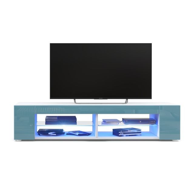 Mpc - Meuble Tv blanc  mat  Façades en turquoise  laquées led Bleu - Mpc
