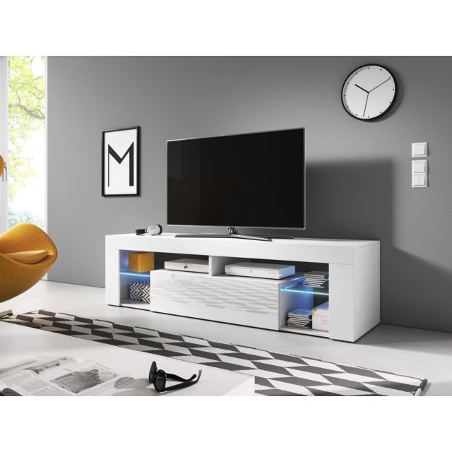 Vivaldi - VIVALDI Meuble TV - EVEREST - 160 cm - blanc mat / blanc brillant +LED - style design - Meubles TV, Hi-Fi Design