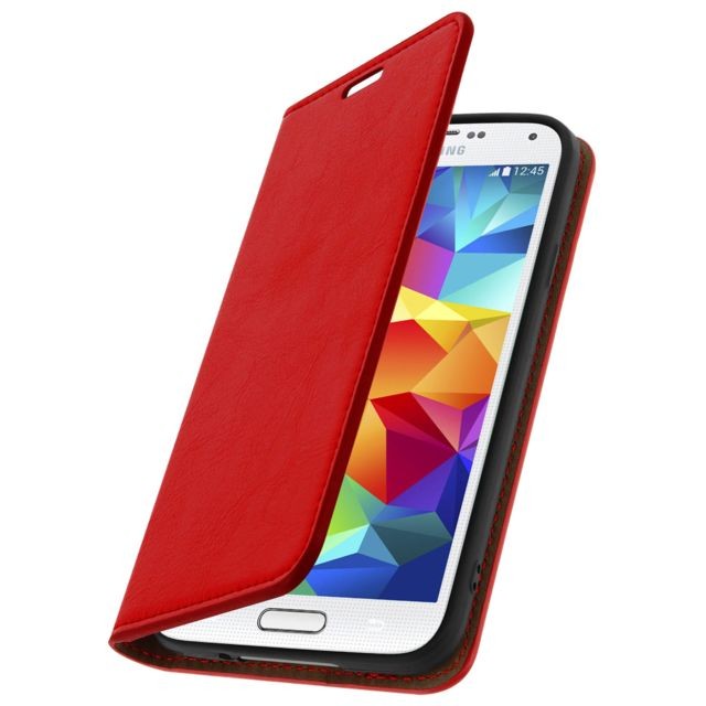 Avizar - Housse Etui Portefeuille Cuir Rouge Samsung Galaxy S5/ S5 New - Clapet Grainé Avizar   - Coque Galaxy S5 Coque, étui smartphone