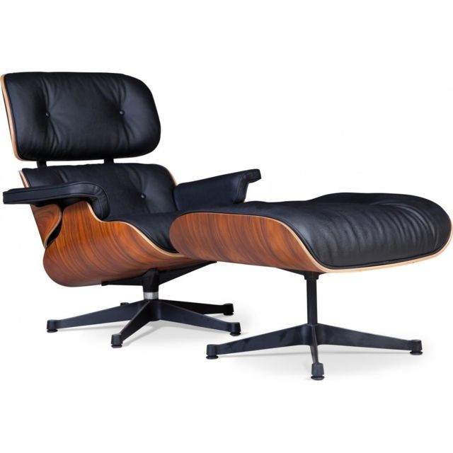 Iconik Interior - Long Chair & Ottoman Cuir Premium - Palissandre - Piétement noir Noir Iconik Interior  - Marchand Privatefloor