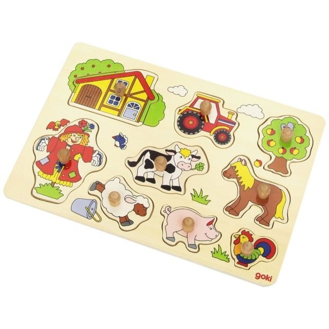 Animaux Goki Puzzle En Bois À Encastrement - Les animaux de la Ferme (vache, cochon, coq, cheval) - 9 Pièces