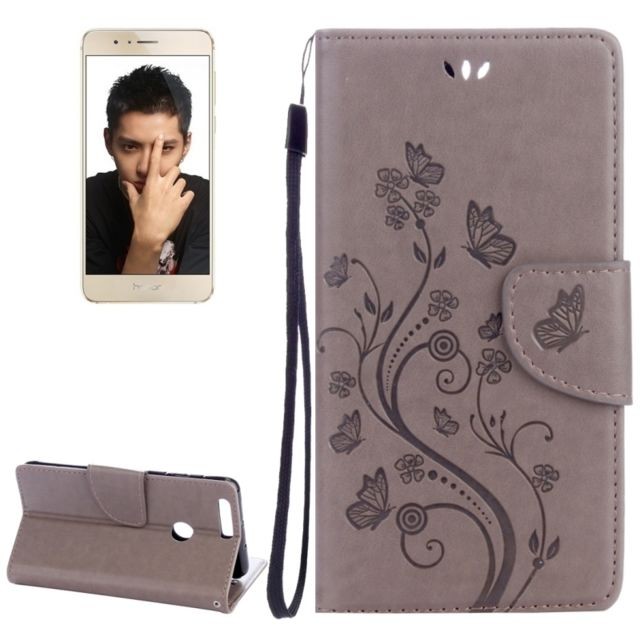 Wewoo - Housse Étui gris pour Huawei Honor 8 Fleurs Gaufrage Horizontal en cuir Flip avec support & Slots de cartes Portefeuille & Longe Wewoo  - Coque, étui smartphone