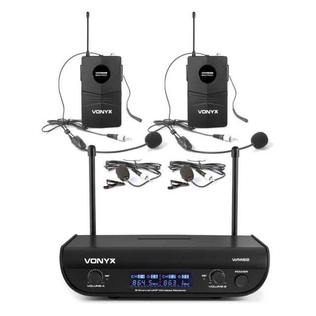 Vonyx - Vonyx WM82B Digital Set de micros sans fil 2 canaux UHF - Récepteur + 2  micros-casques + 2 micros-cravate - Portée 50 m - Microphones