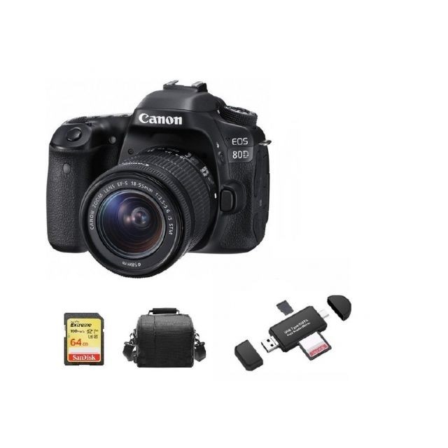 Canon - CANON EOS 80D KIT EF-S 18-55mm F3.5-5.6 IS STM + 64GB SD card + camera Bag + Memory Card Reader Canon  - Canon eos 80d