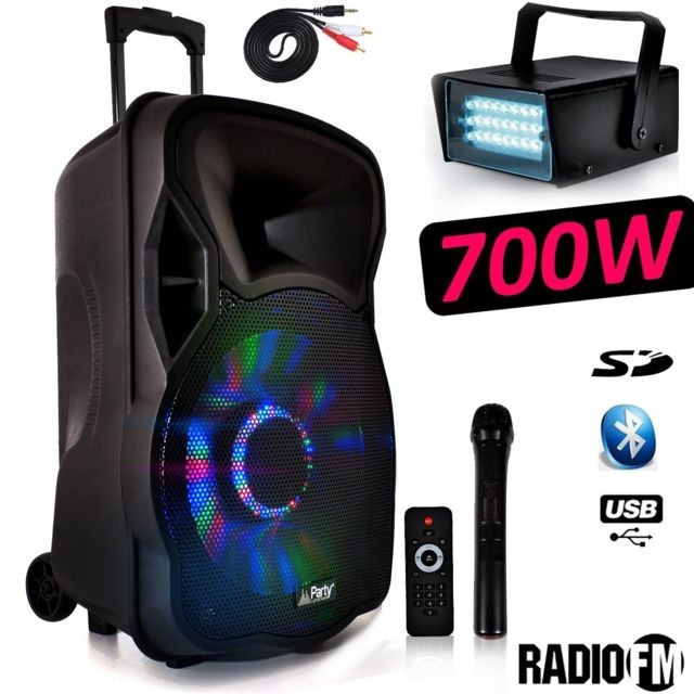 Party Sound - Enceinte PARTY12-LED 700W 12"" à LEDs RVB Mobile Batterie DJ PA USB/BT/SD/FM CABLE PC + Effet STROBE20 Festinight - Party Sound