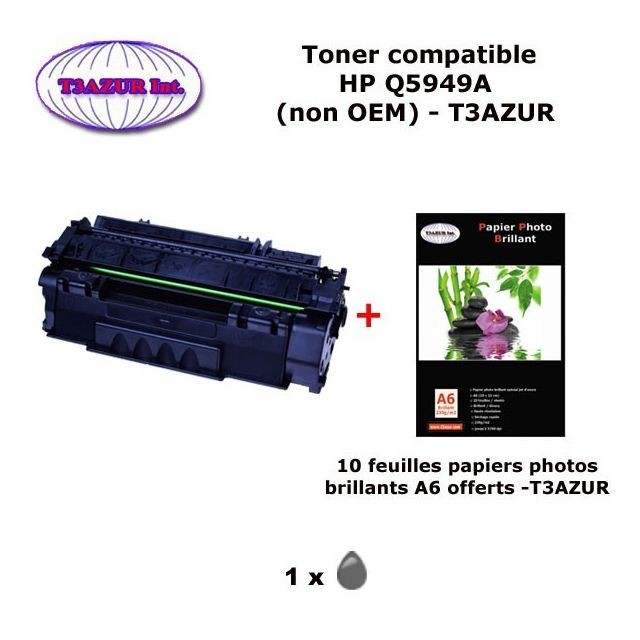 T3Azur - Toner générique HP 49A, Q5949A  pour imprimante HP LaserJet 1160 1320 1320N 3390 3392+ 10f papiers photos A6 -T3AZUR T3Azur  - Cartouche, Toner et Papier