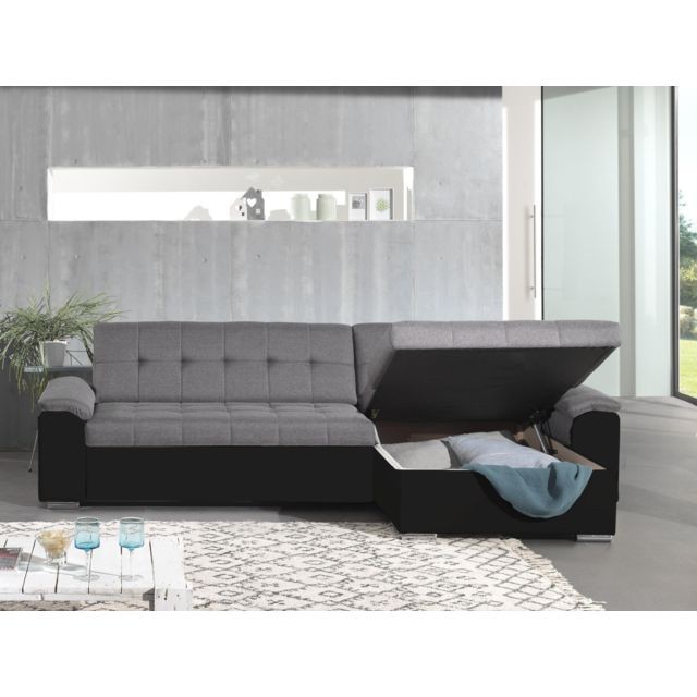 Bestmobilier HANS - Canapé d'angle réversible convertible - en tissu et simili - 4 places - avec coffre Couleur - Noir / Gris