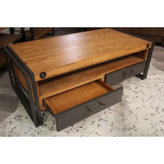 Meubletmoi Table basse style industriel 2 tiroirs et niche - WORKSHOP