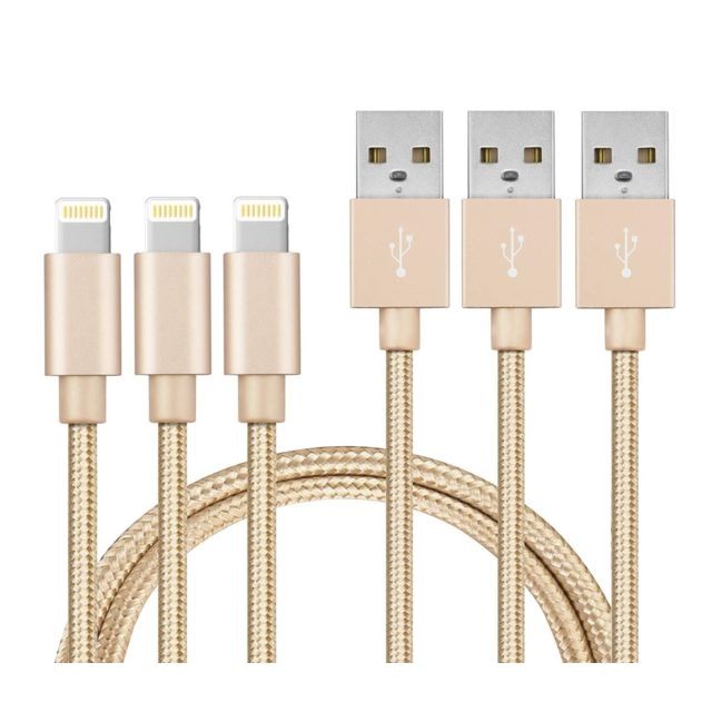 Phonillico - Lot 3 Cables USB Lightning pour Apple iPhone 11 / 11 PRO / 11 PRO MAX / X / XS / XS MAX / XR / 8 / 8 PLUS / 7 / 7 PLUS / 6 / 6 PLUS / 5 / 5S / SE - Cable Nylon Tressé Or Doré 1 Metre[Phonillico] - Câble Lightning