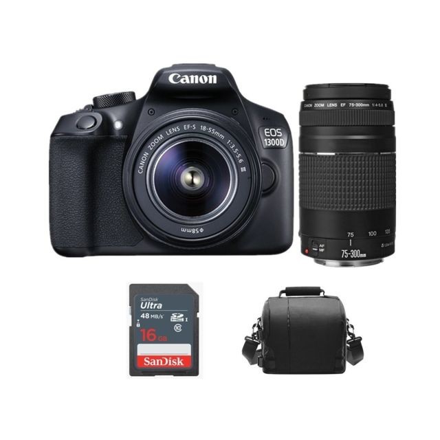 Canon - CANON EOS 1300D KIT EF-S 18-55mm F3.5-5.6 IS III + EF 75-300mm F4-5.6 III + Canon Bag + 16GB SD card - Reflex Numérique