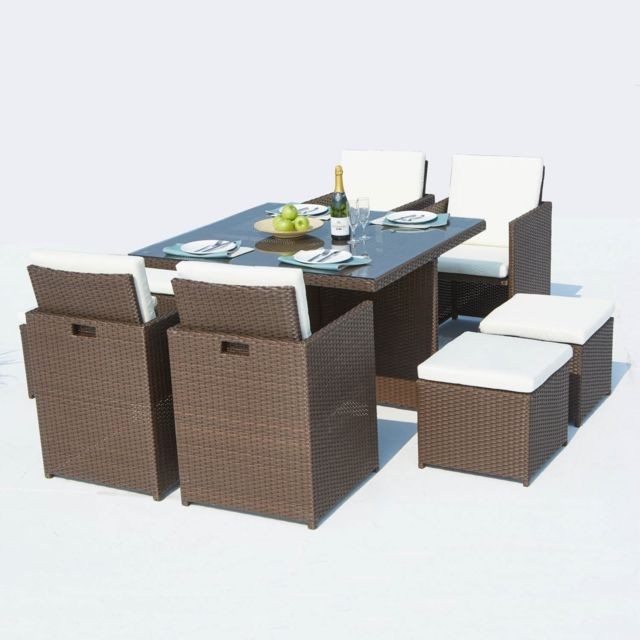 Concept Usine - Monaco 8 : salon de jardin encastrable 8 places en résine tressée marron/blanc - Ensembles tables et chaises Concept Usine