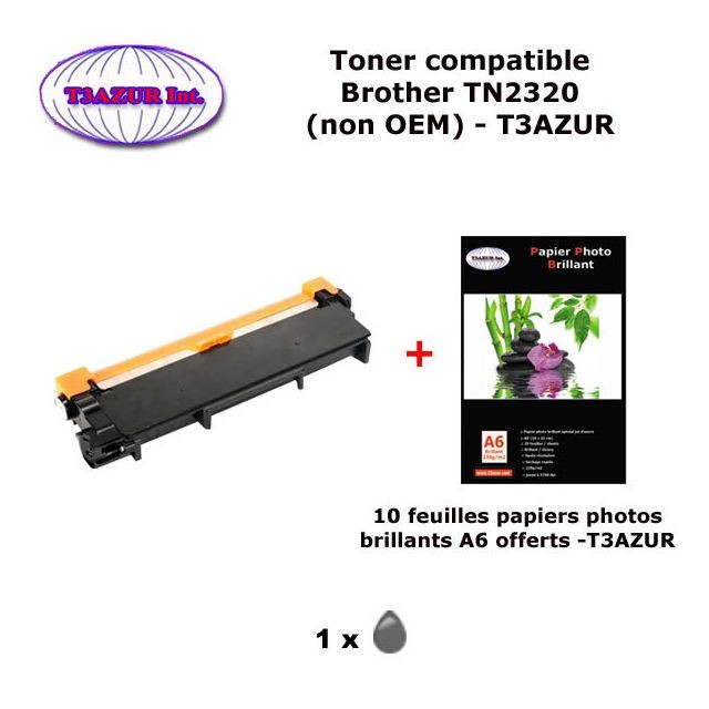 T3Azur - TN2320 - Toner compatible Brother DCPL2500 , DCPL2500D , DCP L2500 , L2500D +10 papiers photos A6 brillantes -T3AZUR T3Azur  - Cartouche, Toner et Papier
