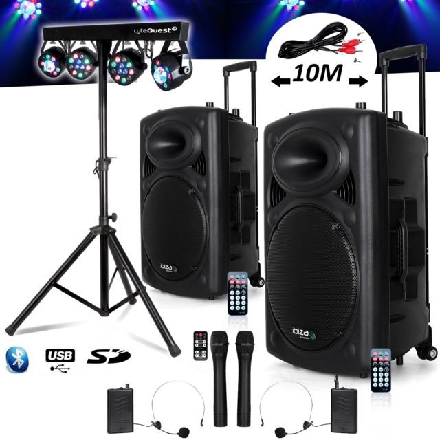 Ibiza Sound - Système Actif Batterie 1400W Port12 VHF Sono Musiciens DJ USB Bluetooth Mobile + X-Performer Portique +4 PAR /UV/FRIZTAL DMX Ibiza Sound  - Dj mobile