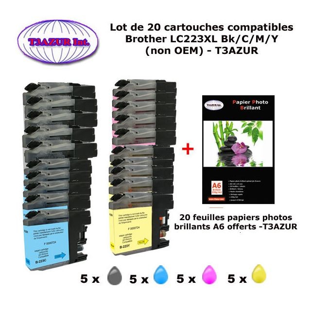 T3Azur - 20 cartouches compatibles LC223XL pour Brother Business Smart MFCJ5320DW MFCJ5620DW MFCJ5720DW+20f A6 brillantes -T3AZUR T3Azur  - Cartouche, Toner et Papier