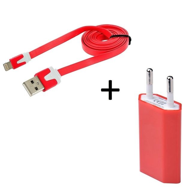 Shot - Cable Noodle 1m Chargeur + Prise Secteur pour IPOD Nano APPLE USB Lightning Murale Pack (ROUGE) Shot - Chargeur secteur téléphone