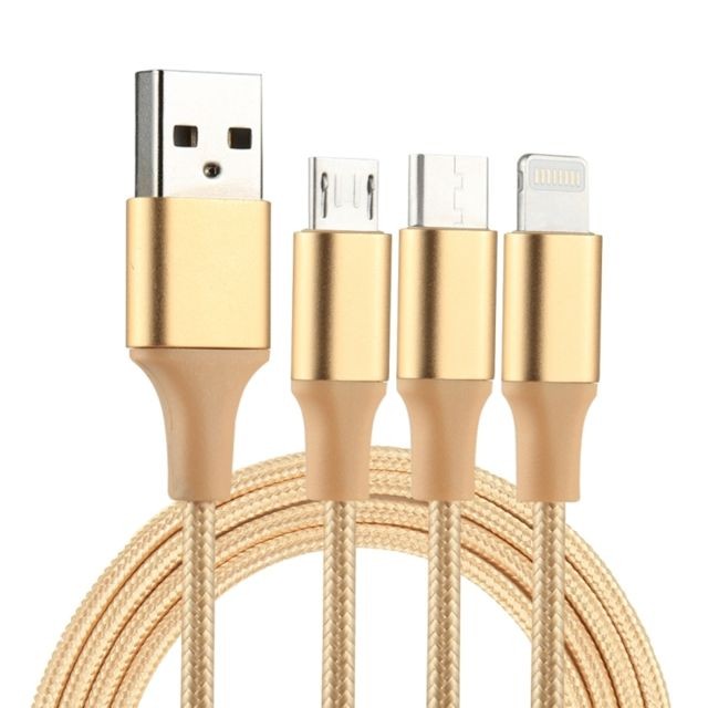 Wewoo - Câble or pour iPhone / iPad / Galaxy / Huawei / Xiaomi / LG / HTC / Meizu et autres smartphone 2A 1.2m 3 en 1 USB à Lightning USB-C / Type-C Micro USB de chargement en Nylon Weave, - Câble Lightning Wewoo