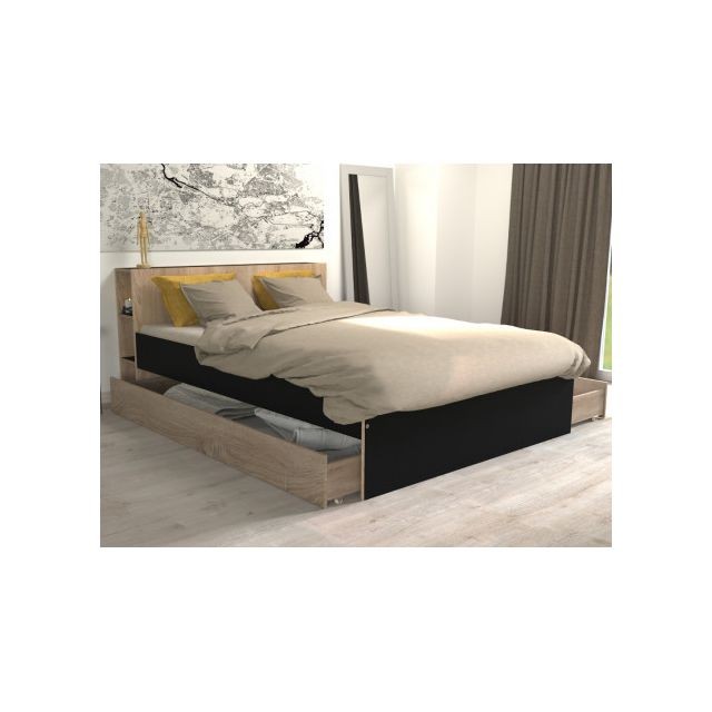 Le Quai Des Affaires - Lit RIGA 140x190cm + tête de lit + 2 tiroirs / Noir et Chêne blanchi - Cadres de lit