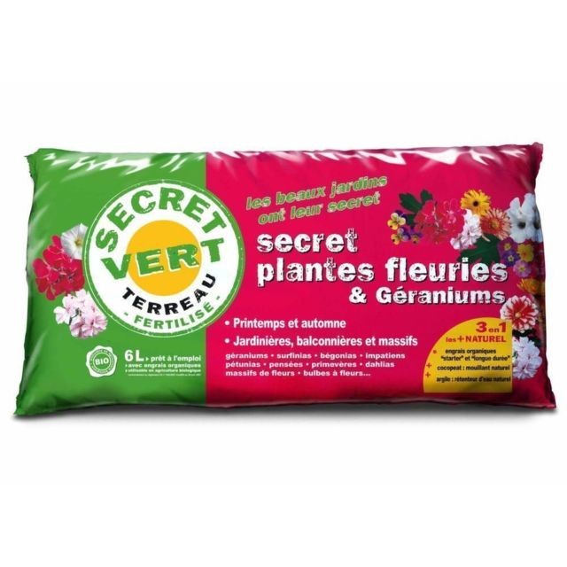 Terreau Secret Vert Terreau pour plantes fleuries et géraniums 1,8kg.