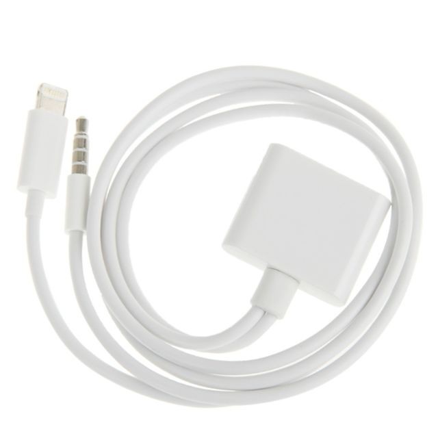 Câble Lightning Adaptateur blanc pour iPhone 6 et 6 Plus, 5, iPad mini / mini 2 Retina, iTouch 5 Convertisseur de câble audio 2 en 1 30 broches vers Lightning + 3,5 mm, pas compatible avec iOS 10.3.1 ou supérieur,