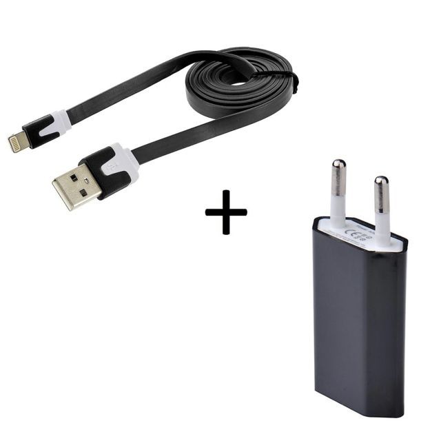 Shot - Cable Noodle 1m Chargeur + Prise Secteur pour IPHONE 5/5S APPLE USB Lightning Murale Pack (NOIR) Shot  - Cable iphone 5