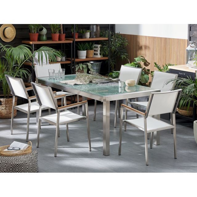 Beliani Set de jardin plateau en verre avec 6 chaises blanches 180 cm GROSSETO