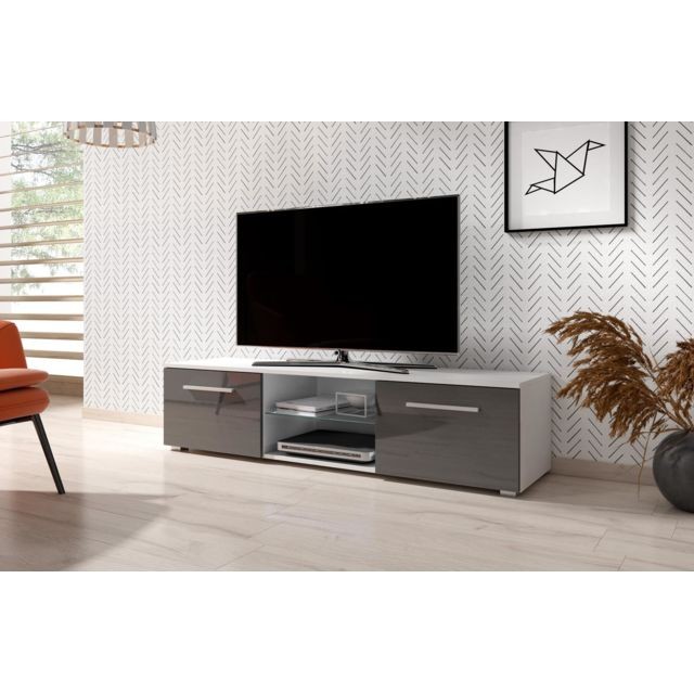 Vivaldi - VIVALDI Meuble TV - MOON - 140 cm - blanc mat / gris brillan - style moderne - Meubles TV, Hi-Fi Vivaldi