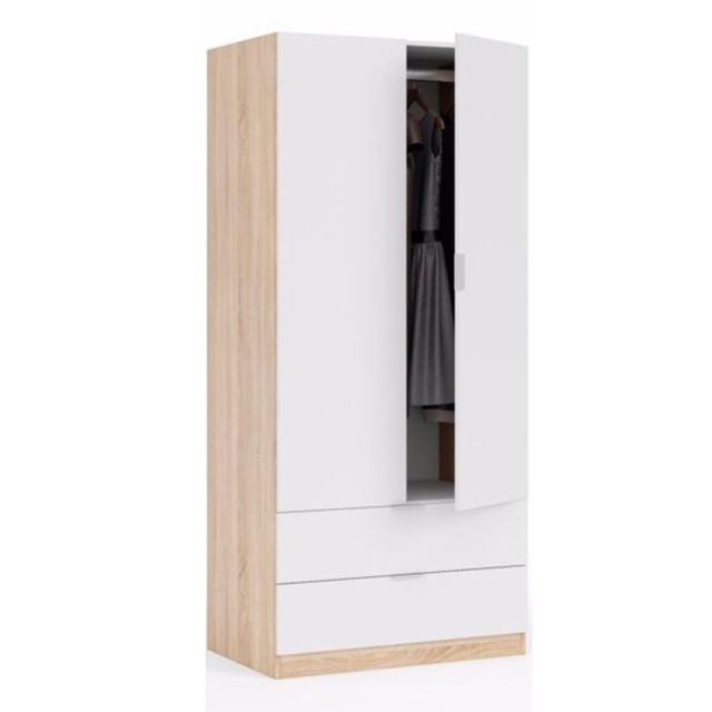 Pegane - Armoire avec 2 portes 2 tiroirs Coloris chêne et blanc - Dim : L 81 x H 180 x P 52 cm -PEGANE- Pegane  - Armoire 2 portes tiroirs
