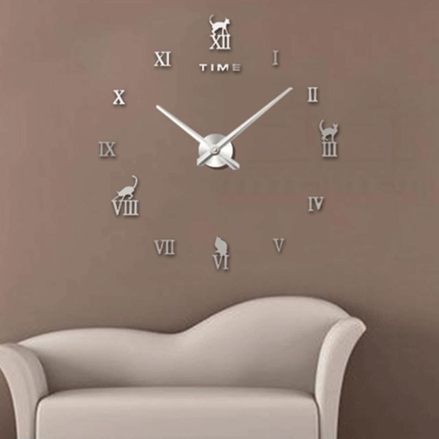 Wewoo - Horloges DIY argent Home Office Décor Frameless Chat Forme Grande Taille DIY 3D Miroir Surface Stickers Muraux Mute Horloge, Taille: 100 * 100 cm Wewoo - Horloges, pendules Argent