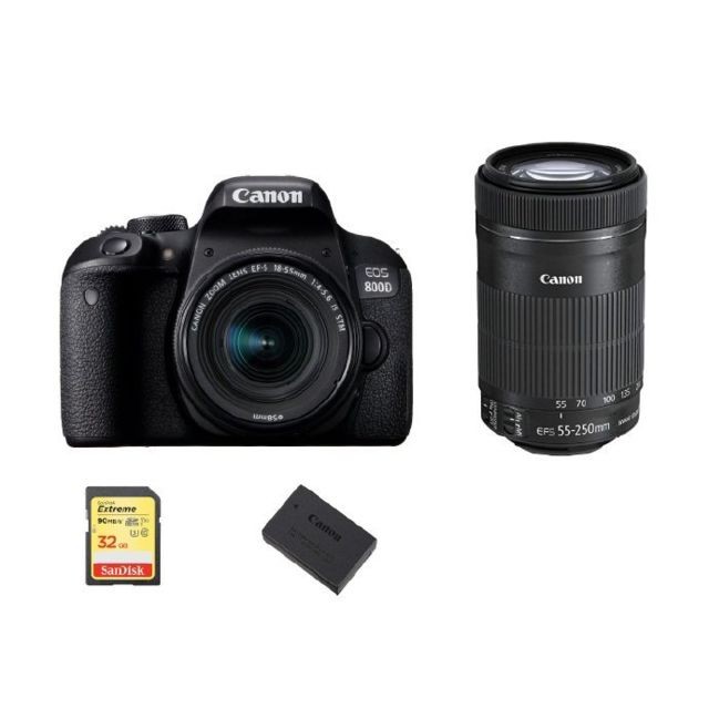 Canon - CANON EOS 800D KIT EF-S 18-55mm F4-5.6 IS STM+ EF-S 55-250mm F4-5.6 IS STM (White Box) + 32GB SD card + LP-E17 Battery Canon  - 800D Photo & Vidéo Numérique