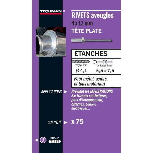 Boulonnerie Techman TECHMAN - 75 rivets étanches alu/acier (tête plate) Ø 4 x 12 mm