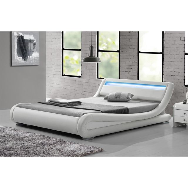 Concept Usine - Lit Seattle - Structure de lit Simili Blanc avec LED intégrées - 140x190 cm - Cadres de lit Blanc casse