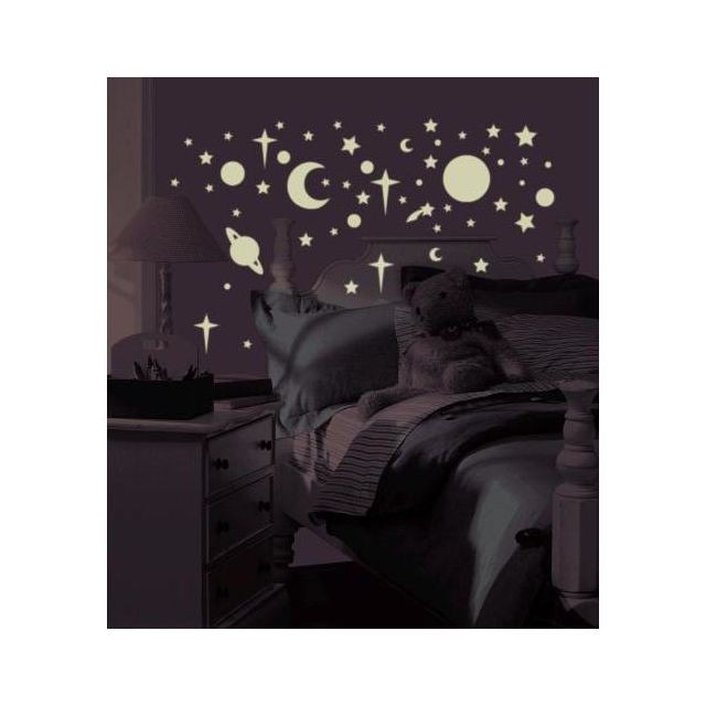 Mon Beau Tapis - CELESTE "BRILLE DANS LE NOIR" - Stickers repositionnables planètes et étoiles brillants dans le noir - Décoration chambre enfant Argent, noir, rosa